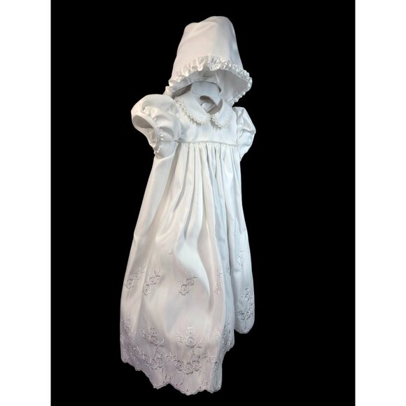 Baby Girl Christening Baptism Dress Bonnet Set Sz 6-9M White Satiny Embroidered - Picture 3 of 12